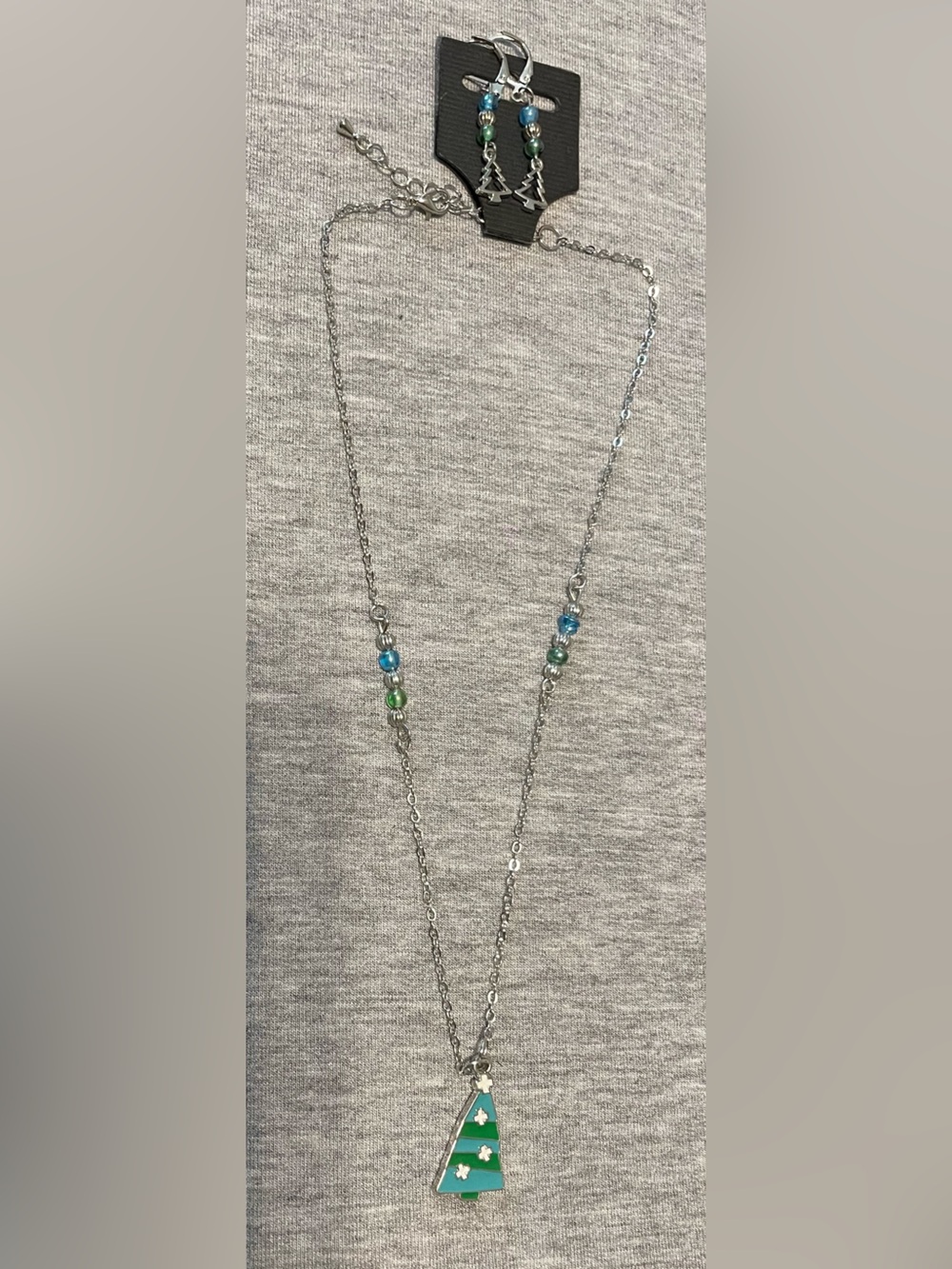 Silver Necklace & Earrings with Blue and Green Tree Pendant - Women's Jewelry